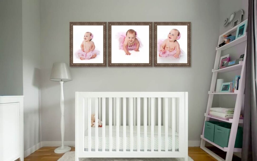 Maternity pictures | Reston VA	 | Family photos | Three Framed Baby Portraits Above the Crib